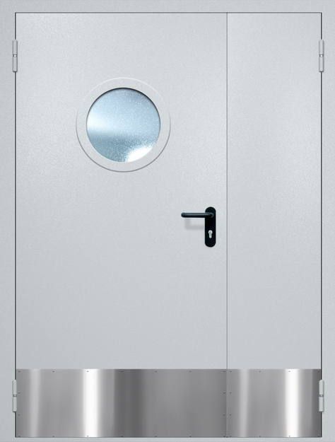 Полуторная противопожарная дверь EI-60 с круглым стеклопакетом и отбойником, окрас по RAL