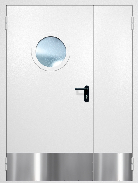 Полуторная противопожарная дверь EI-60 с круглым стеклопакетом и отбойником, окрас по RAL 9003