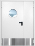 Полуторная противопожарная дверь EI-60 с круглым стеклопакетом и отбойником, окрас по RAL 9003