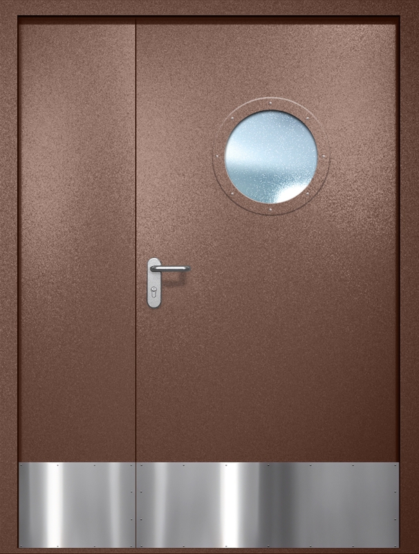 Полуторная противопожарная дверь EI-60 с круглым стеклопакетом и отбойником, окрас по RAL 8016 Полуторная противопожарная дверь EI-60 с круглым стеклопакетом и отбойником, окрас по RAL 8016