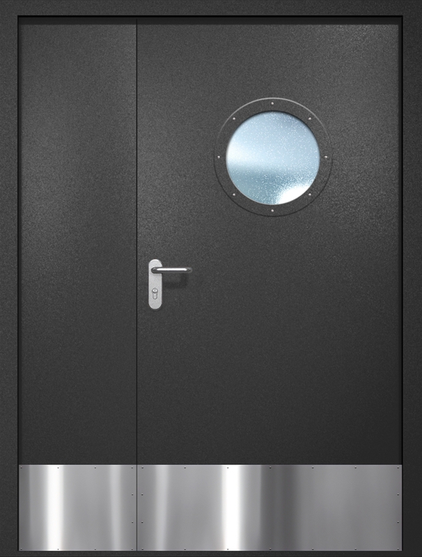 Полуторная противопожарная дверь EI-60 с круглым стеклопакетом и отбойником, окрас по RAL 9004 Полуторная противопожарная дверь EI-60 с круглым стеклопакетом и отбойником, окрас по RAL 9004