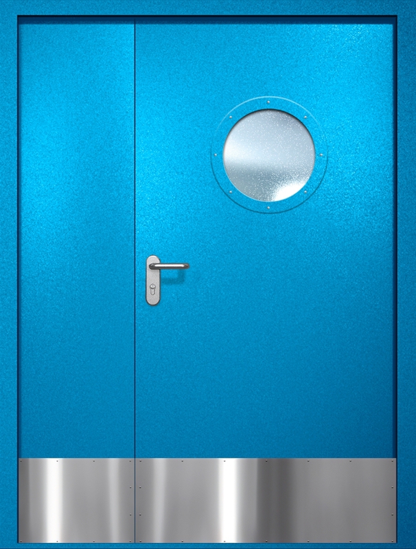 Полуторная противопожарная дверь EI-60 с круглым стеклопакетом и отбойником, окрас по RAL 5002 Полуторная противопожарная дверь EI-60 с круглым стеклопакетом и отбойником, окрас по RAL 5002