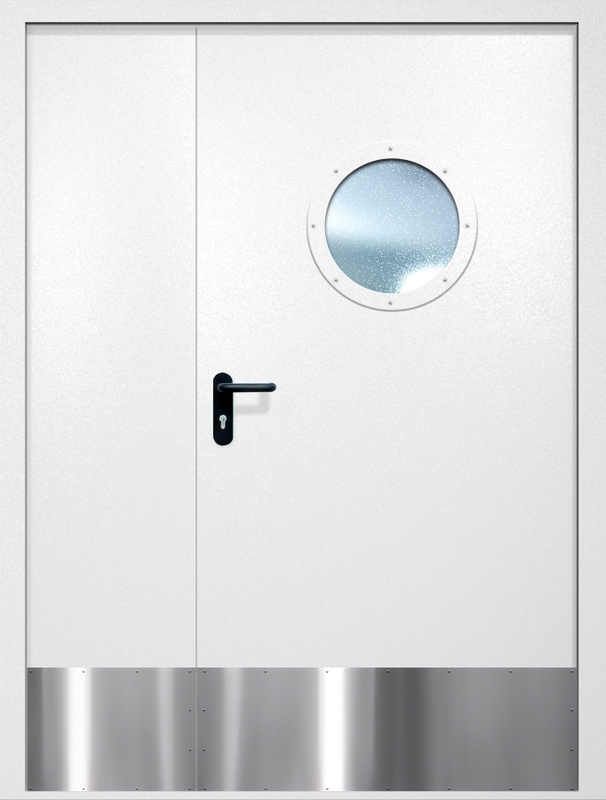 Полуторная противопожарная дверь EI-60 с круглым стеклопакетом и отбойником, окрас по RAL 9003