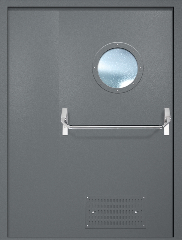 Полуторная противопожарная дверь EI-60 с вентиляцией, круглым стеклопакетом и ручкой «Антипаника», окрас по RAL 7001 Полуторная противопожарная дверь EI-60 с вентиляцией, круглым стеклопакетом и ручкой «Антипаника», окрас по RAL 7001