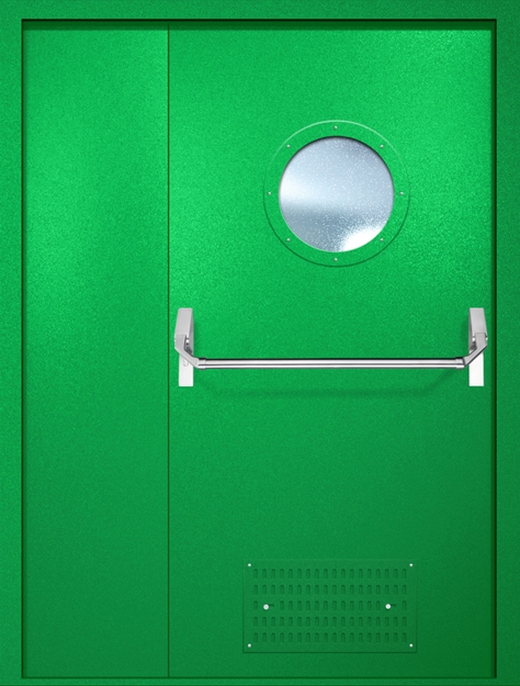 Полуторная противопожарная дверь EI-60 с вентиляцией, круглым стеклопакетом и ручкой «Антипаника», окрас по RAL 6037 Полуторная противопожарная дверь EI-60 с вентиляцией, круглым стеклопакетом и ручкой «Антипаника», окрас по RAL 6037