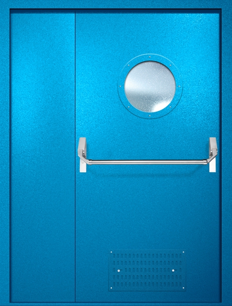 Полуторная противопожарная дверь EI-60 с вентиляцией, круглым стеклопакетом и ручкой «Антипаника», окрас по RAL 5002 Полуторная противопожарная дверь EI-60 с вентиляцией, круглым стеклопакетом и ручкой «Антипаника», окрас по RAL 5002