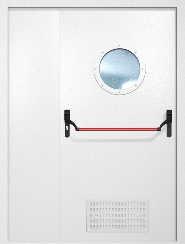 Полуторная противопожарная дверь EI-60 с вентиляцией, круглым стеклопакетом и ручкой «Антипаника», окрас по RAL 9003 Полуторная противопожарная дверь EI-60 с вентиляцией, круглым стеклопакетом и ручкой «Антипаника», окрас по RAL 9003