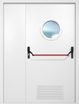 Полуторная противопожарная дверь EI-60 с вентиляцией, круглым стеклопакетом и ручкой «Антипаника», окрас по RAL 9003
