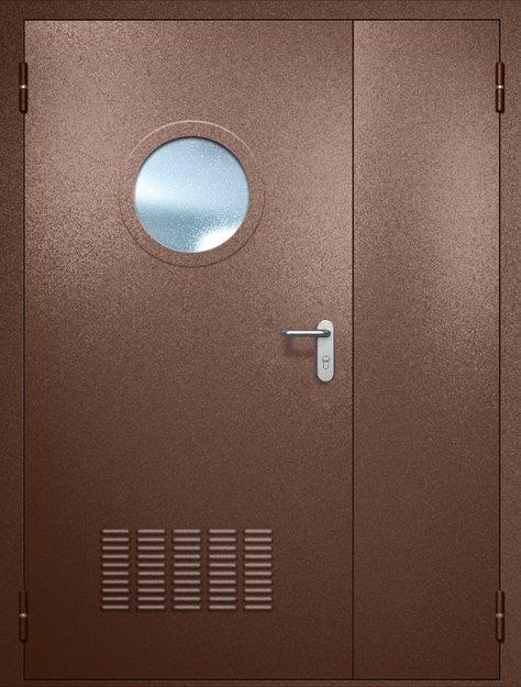 Полуторная противопожарная дверь EI-60 с вентиляцией и круглым стеклопакетом, окрас по RAL 8016 Полуторная противопожарная дверь EI-60 с вентиляцией и круглым стеклопакетом, окрас по RAL 8016