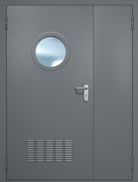 Полуторная противопожарная дверь EI-60 с вентиляцией и круглым стеклопакетом, окрас по RAL 7001