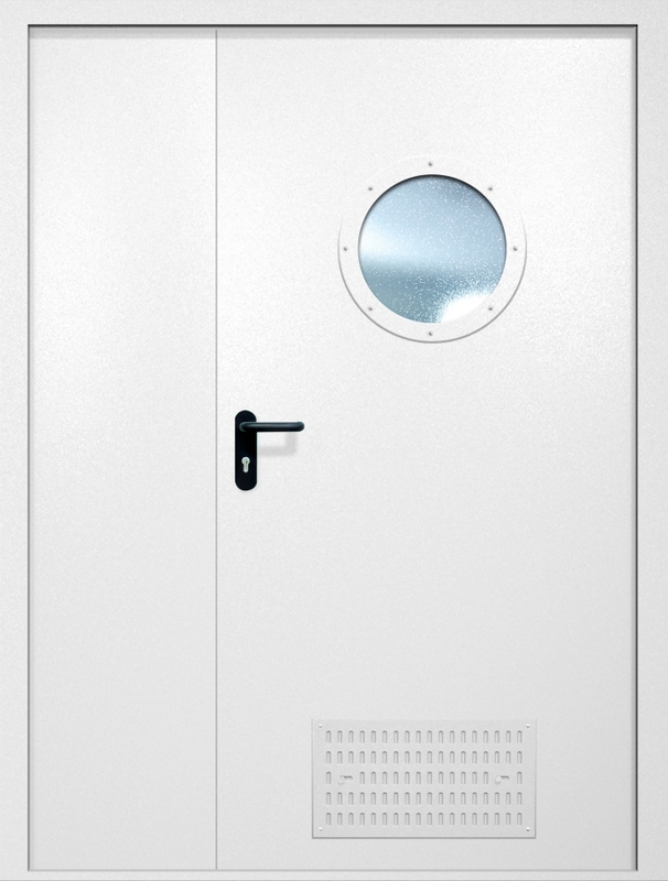 Полуторная противопожарная дверь EI-60 с вентиляцией и круглым стеклопакетом, окрас по RAL 9003 Полуторная противопожарная дверь EI-60 с вентиляцией и круглым стеклопакетом, окрас по RAL 9003