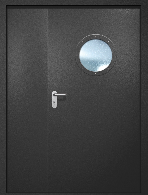 Полуторная противопожарная дверь EI-60 с круглым стеклопакетом, окрас по RAL 9004