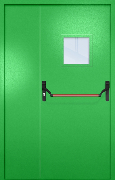 Полуторная противопожарная дверь EI-60 с квадратным стеклопакетом и ручкой «Антипаника», окрас по RAL 6037 Полуторная противопожарная дверь EI-60 с квадратным стеклопакетом и ручкой «Антипаника», окрас по RAL 6037