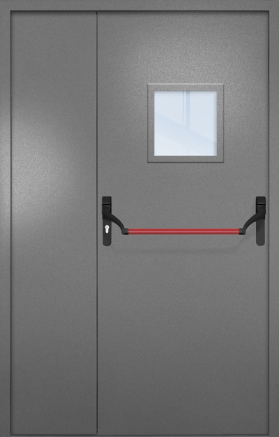Полуторная противопожарная дверь EI-60 с квадратным стеклопакетом и ручкой «Антипаника», окрас по RAL 7001 Полуторная противопожарная дверь EI-60 с квадратным стеклопакетом и ручкой «Антипаника», окрас по RAL 7001