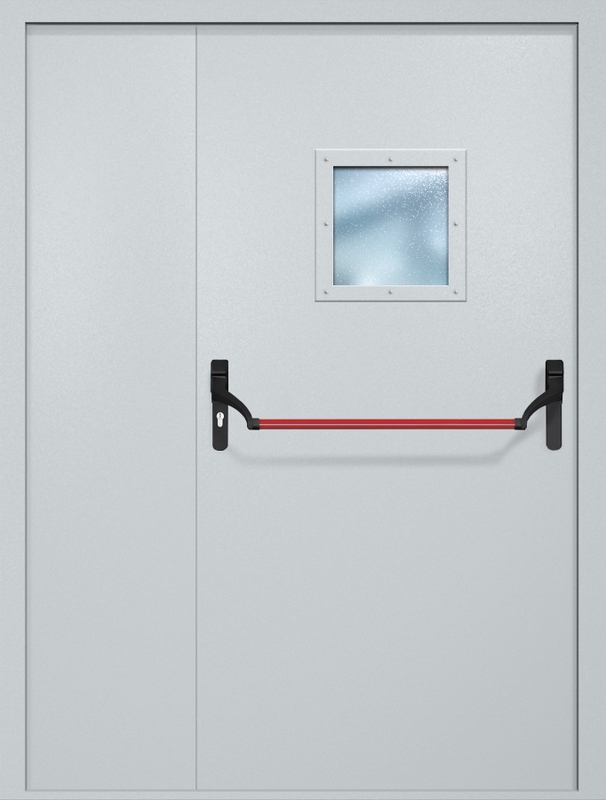 Полуторная противопожарная дверь EI-60 с квадратным стеклопакетом и ручкой «Антипаника», окрас по RAL