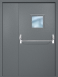 Полуторная противопожарная дверь EI-60 с квадратным стеклопакетом и ручкой «Антипаника», окрас по RAL 7001