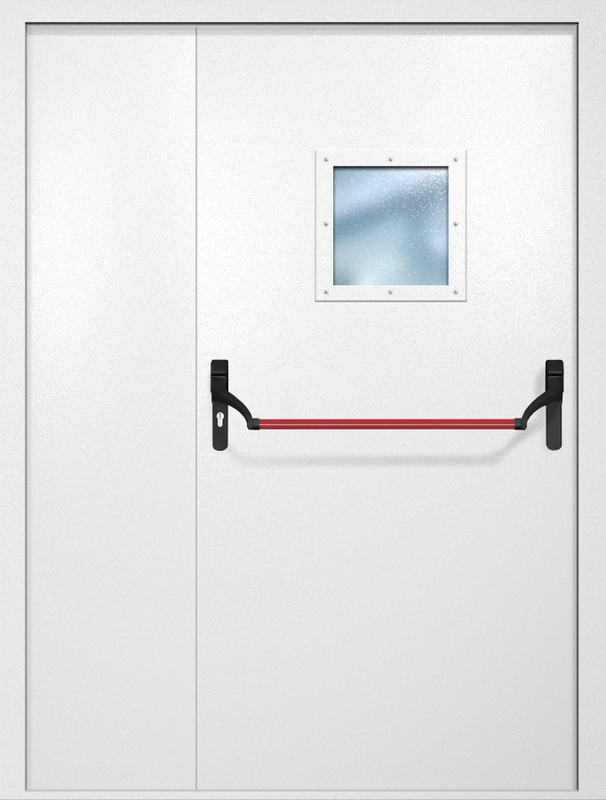 Полуторная противопожарная дверь EI-60 с квадратным стеклопакетом и ручкой «Антипаника», окрас по RAL 9003