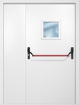 Полуторная противопожарная дверь EI-60 с квадратным стеклопакетом и ручкой «Антипаника», окрас по RAL 9003