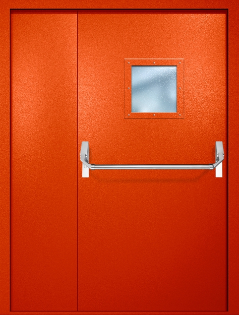 Полуторная противопожарная дверь EI-60 с квадратным стеклопакетом и ручкой «Антипаника», окрас по RAL 3003 Полуторная противопожарная дверь EI-60 с квадратным стеклопакетом и ручкой «Антипаника», окрас по RAL 3003