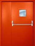 Полуторная противопожарная дверь EI-60 с квадратным стеклопакетом и ручкой «Антипаника», окрас по RAL 3003