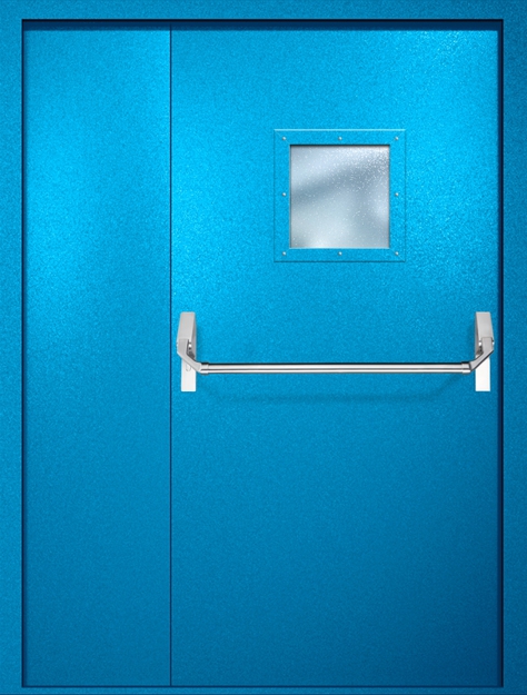 Полуторная противопожарная дверь EI-60 с квадратным стеклопакетом и ручкой «Антипаника», окрас по RAL 5002 Полуторная противопожарная дверь EI-60 с квадратным стеклопакетом и ручкой «Антипаника», окрас по RAL 5002