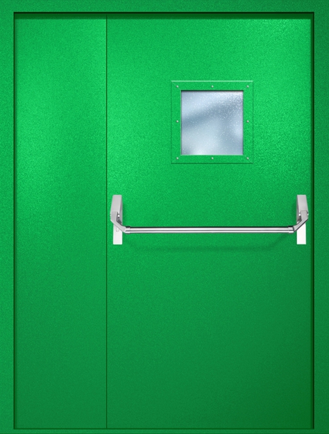 Полуторная противопожарная дверь EI-60 с квадратным стеклопакетом и ручкой «Антипаника», окрас по RAL 6037