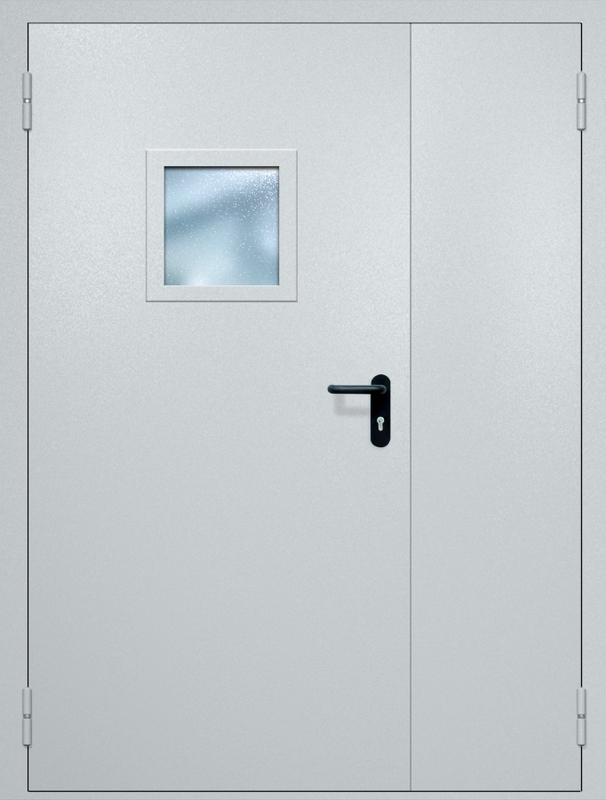 Полуторная противопожарная дверь EI-60 с квадратным стеклопакетом, окрас по RAL