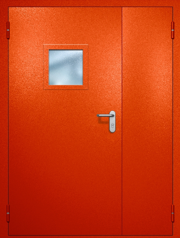 Полуторная противопожарная дверь EI-60 с квадратным стеклопакетом, окрас по RAL 3003