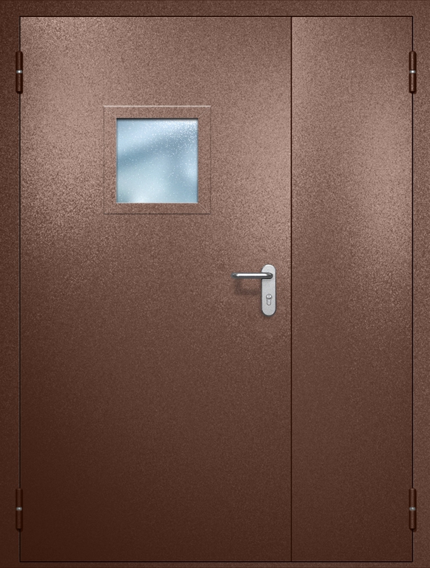 Полуторная противопожарная дверь EI-60 с квадратным стеклопакетом и ручкой «Антипаника», окрас по RAL 8016 Полуторная противопожарная дверь EI-60 с квадратным стеклопакетом и ручкой «Антипаника», окрас по RAL 8016