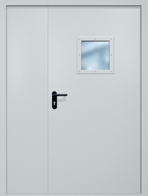 Полуторная противопожарная дверь EI-60 с квадратным стеклопакетом, окрас по RAL