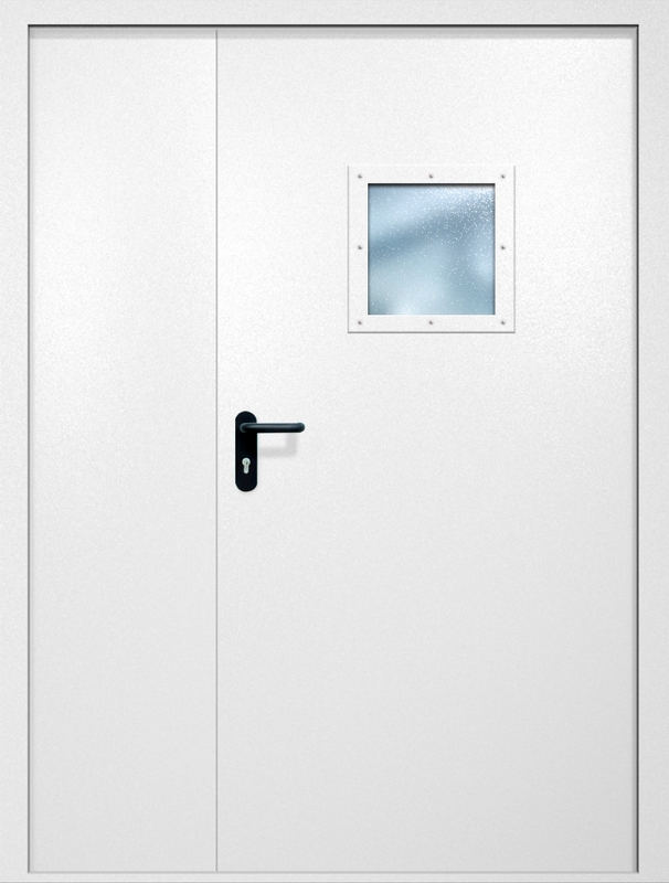 Полуторная противопожарная дверь EI-60 с квадратным стеклопакетом, окрас по RAL 9003