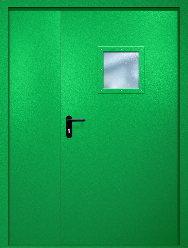 Полуторная противопожарная дверь EI-60 с квадратным стеклопакетом, окрас по RAL 6037