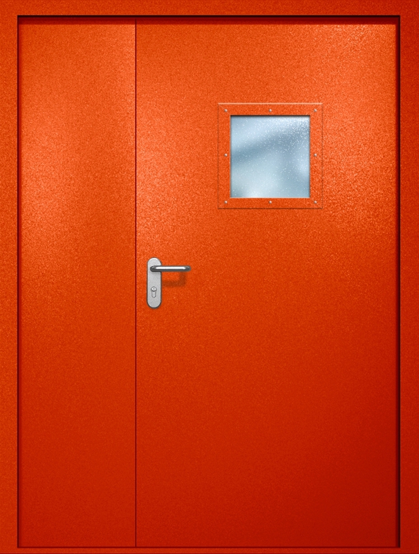 Полуторная противопожарная дверь EI-60 с квадратным стеклопакетом, окрас по RAL 3003