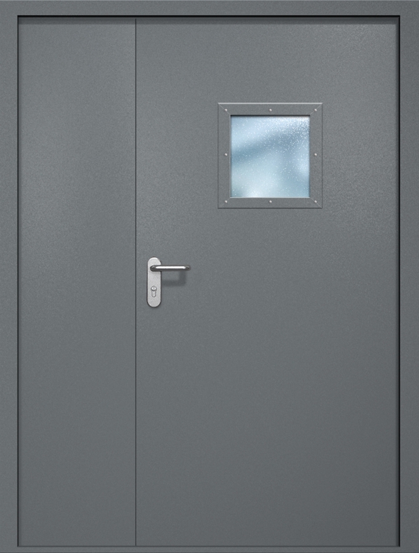 Полуторная противопожарная дверь EI-60 с квадратным стеклопакетом, окрас по RAL 7001