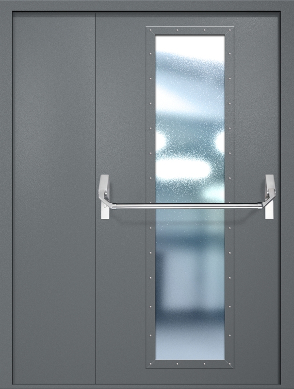 Полуторная противопожарная дверь EIW-60 с максимальным стеклопакетом и ручкой «Антипаника», окрас по RAL 7001 Полуторная противопожарная дверь EIW-60 с максимальным стеклопакетом и ручкой «Антипаника», окрас по RAL 7001