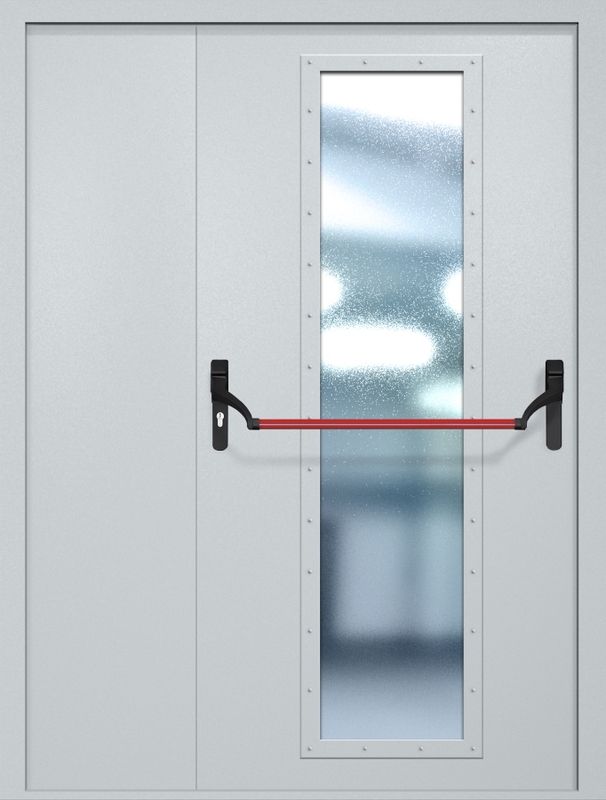 Полуторная противопожарная дверь EIW-60 с максимальным стеклопакетом и ручкой «Антипаника», окрас по RAL