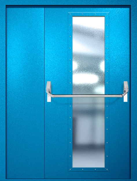 Полуторная противопожарная дверь EIW-60 с максимальным стеклопакетом и ручкой «Антипаника», окрас по RAL 5002 Полуторная противопожарная дверь EIW-60 с максимальным стеклопакетом и ручкой «Антипаника», окрас по RAL 5002