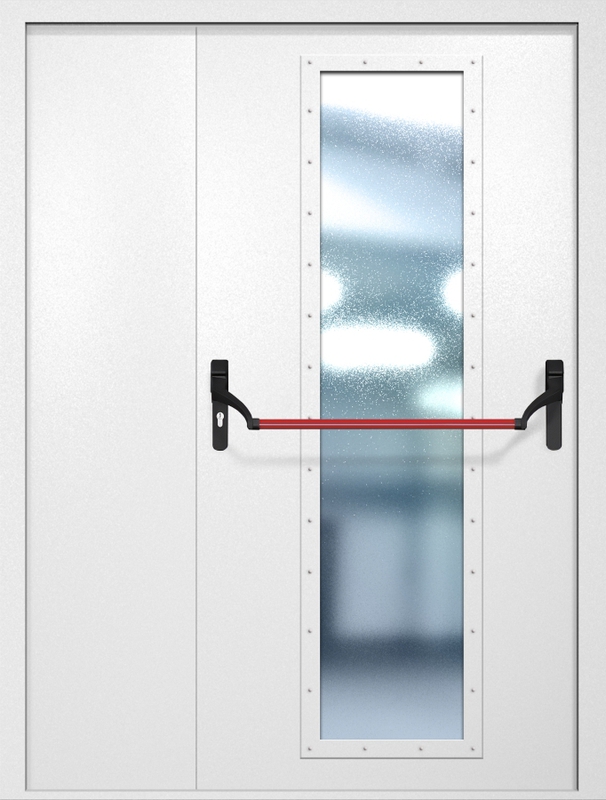 Полуторная противопожарная дверь EIW-60 с максимальным стеклопакетом и ручкой «Антипаника», окрас по RAL 9003