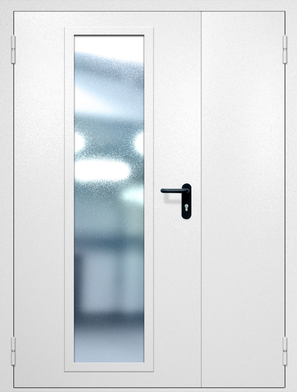 Полуторная противопожарная дверь EIW-60 с максимальным стеклопакетом и ручкой «Антипаника», окрас по RAL 9003