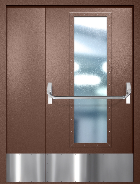 Полуторная противопожарная дверь EIW-60 с максимальным стеклопакетом, отбойником и ручкой «Антипаника», окрас по RAL 8016