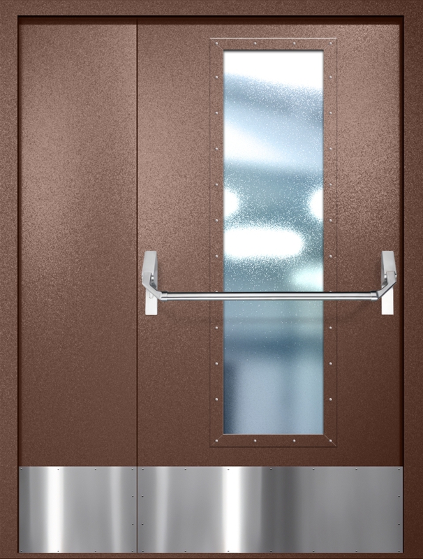 Полуторная противопожарная дверь EIW-60 с максимальным стеклопакетом, отбойником и ручкой «Антипаника», окрас по RAL 8016
