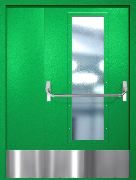 Полуторная противопожарная дверь EIW-60 с максимальным стеклопакетом, отбойником и ручкой «Антипаника», окрас по RAL 6037