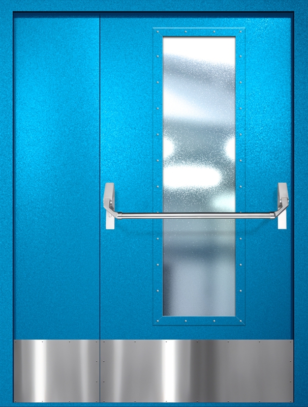 Полуторная противопожарная дверь EIW-60 с максимальным стеклопакетом, отбойником и ручкой «Антипаника», окрас по RAL 5002 Полуторная противопожарная дверь EIW-60 с максимальным стеклопакетом, отбойником и ручкой «Антипаника», окрас по RAL 5002