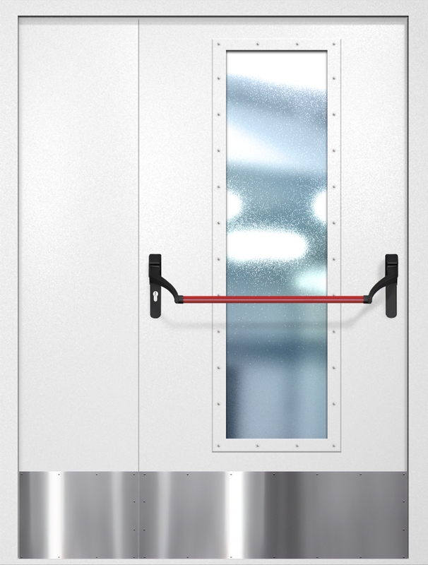 Полуторная противопожарная дверь EIW-60 с максимальным стеклопакетом, отбойником и ручкой «Антипаника», окрас по RAL 9003 Полуторная противопожарная дверь EIW-60 с максимальным стеклопакетом, отбойником и ручкой «Антипаника», окрас по RAL 9003