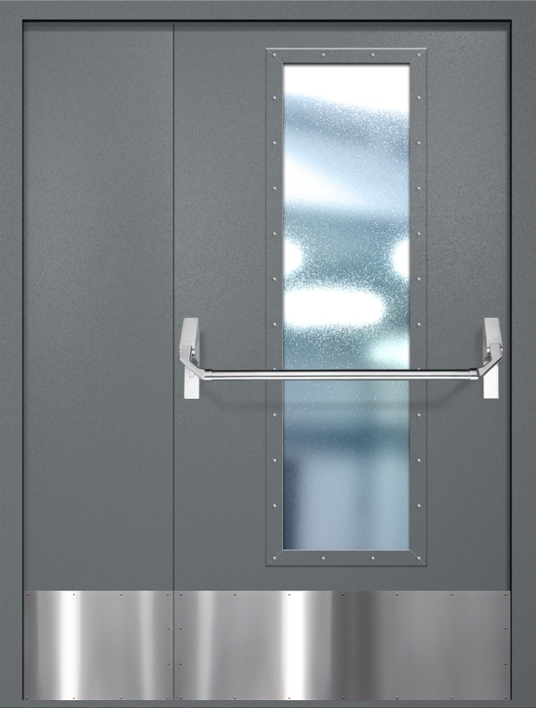 Полуторная противопожарная дверь EIW-60 с максимальным стеклопакетом, отбойником и ручкой «Антипаника», окрас по RAL 7001