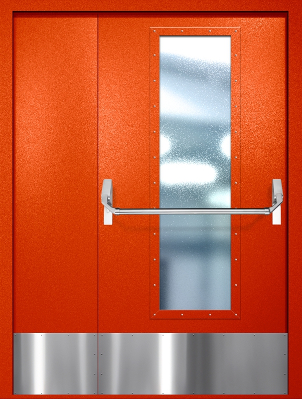 Полуторная противопожарная дверь EIW-60 с максимальным стеклопакетом, отбойником и ручкой «Антипаника», окрас по RAL 3003