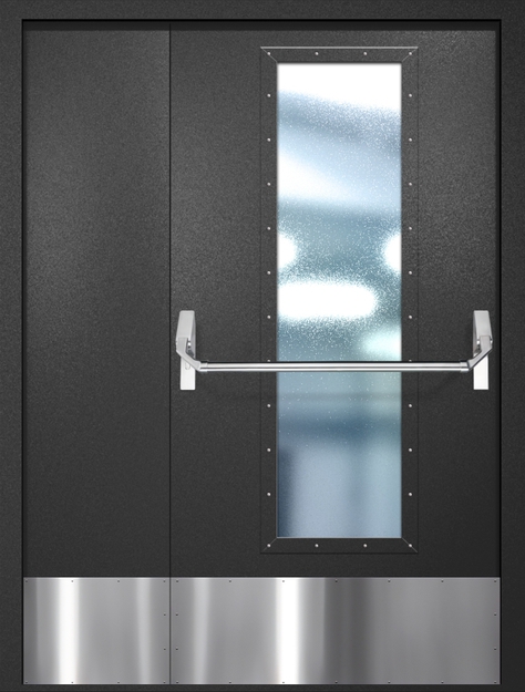 Полуторная противопожарная дверь EIW-60 с максимальным стеклопакетом, отбойником и ручкой «Антипаника», окрас по RAL 9004