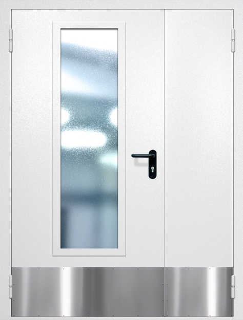 Полуторная противопожарная дверь EIW-60 с максимальным стеклопакетом и отбойником, окрас по RAL 9003