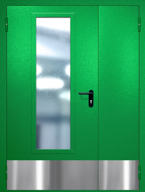 Полуторная противопожарная дверь EIW-60 с максимальным стеклопакетом, отбойником и ручкой «Антипаника», окрас по RAL 6037 Полуторная противопожарная дверь EIW-60 с максимальным стеклопакетом, отбойником и ручкой «Антипаника», окрас по RAL 6037