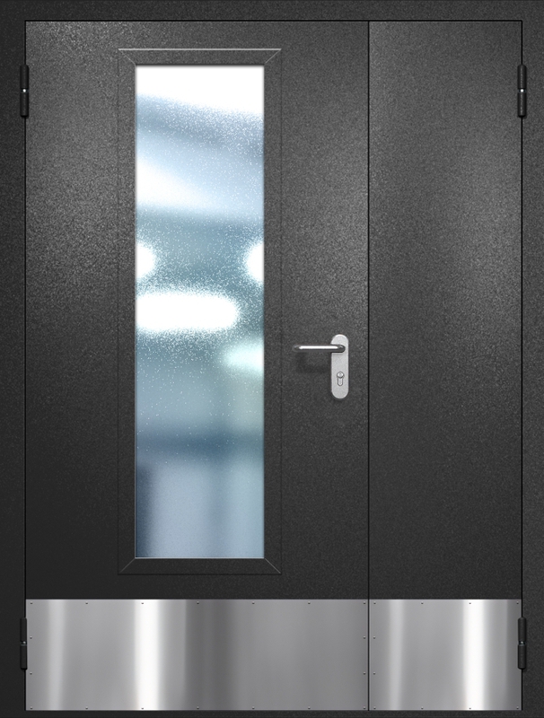 Полуторная противопожарная дверь EIW-60 с максимальным стеклопакетом, отбойником и ручкой «Антипаника», окрас по RAL 9004 Полуторная противопожарная дверь EIW-60 с максимальным стеклопакетом, отбойником и ручкой «Антипаника», окрас по RAL 9004